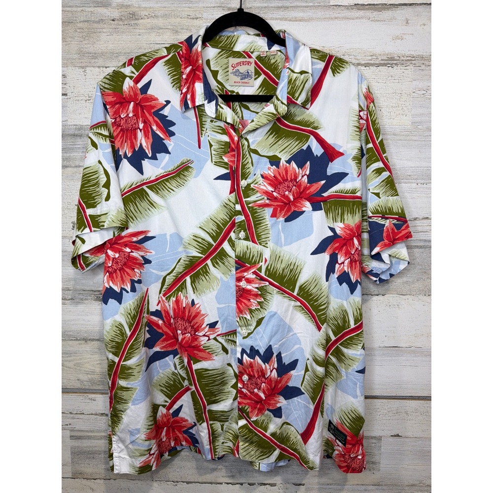 Superdry Button Down Shirt Men 2XL‎ White Floral Tropical Beach Casual EUC
